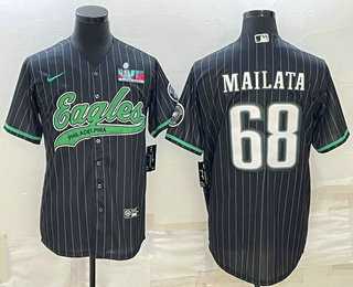 Mens Philadelphia Eagles #68 Jordan Mailata Black Pinstripe With Super Bowl LVII Patch Cool Base Stitched Baseball Jersey